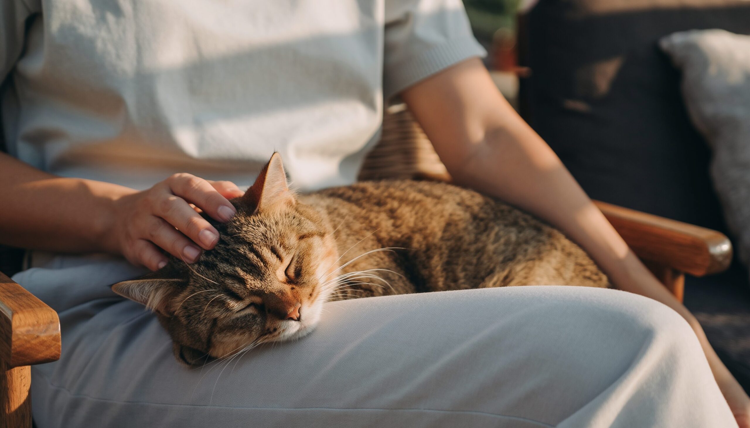 飼い主の膝の上で安心して眠る猫。猫と飼い主の信頼と安心感を表現。