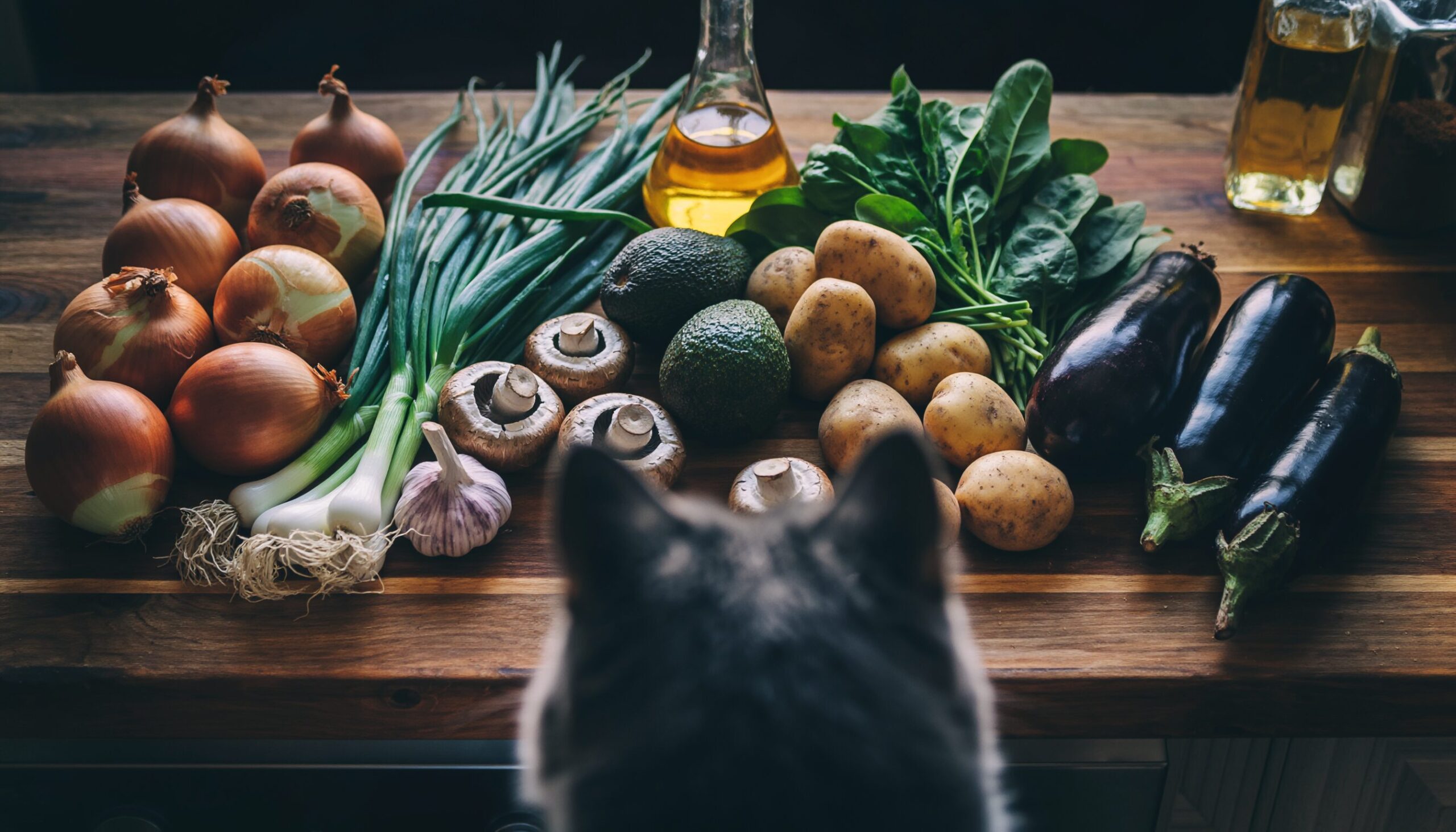 玉ねぎ、ネギ、アボカド、キノコなど、猫にとって危険な野菜が並べられたキッチン。手前に猫の後頭部が見えている。
