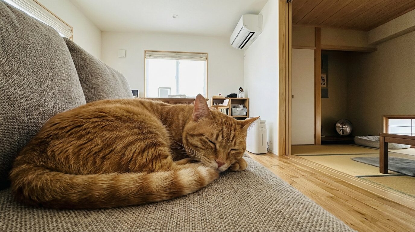 壁に設置されたエアコンの下、リビングのソファで安心して眠る茶トラ猫のアップ