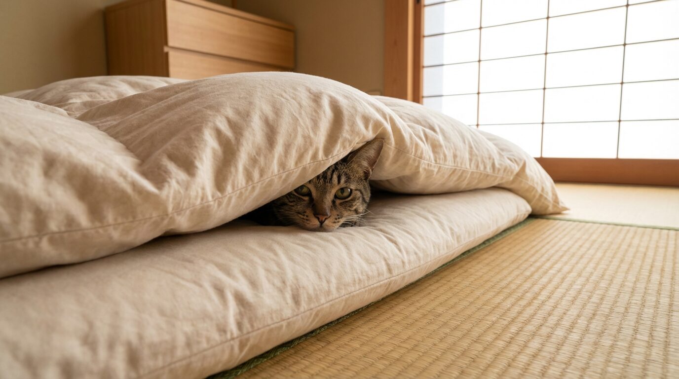 和室で羽毛布団の中に潜り込み、顔だけをのぞかせている猫のクローズアップ