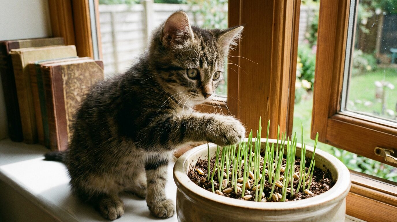 窓際で生え始めの短い猫草に、興味津々で前足を伸ばして触れる子猫の様子。
