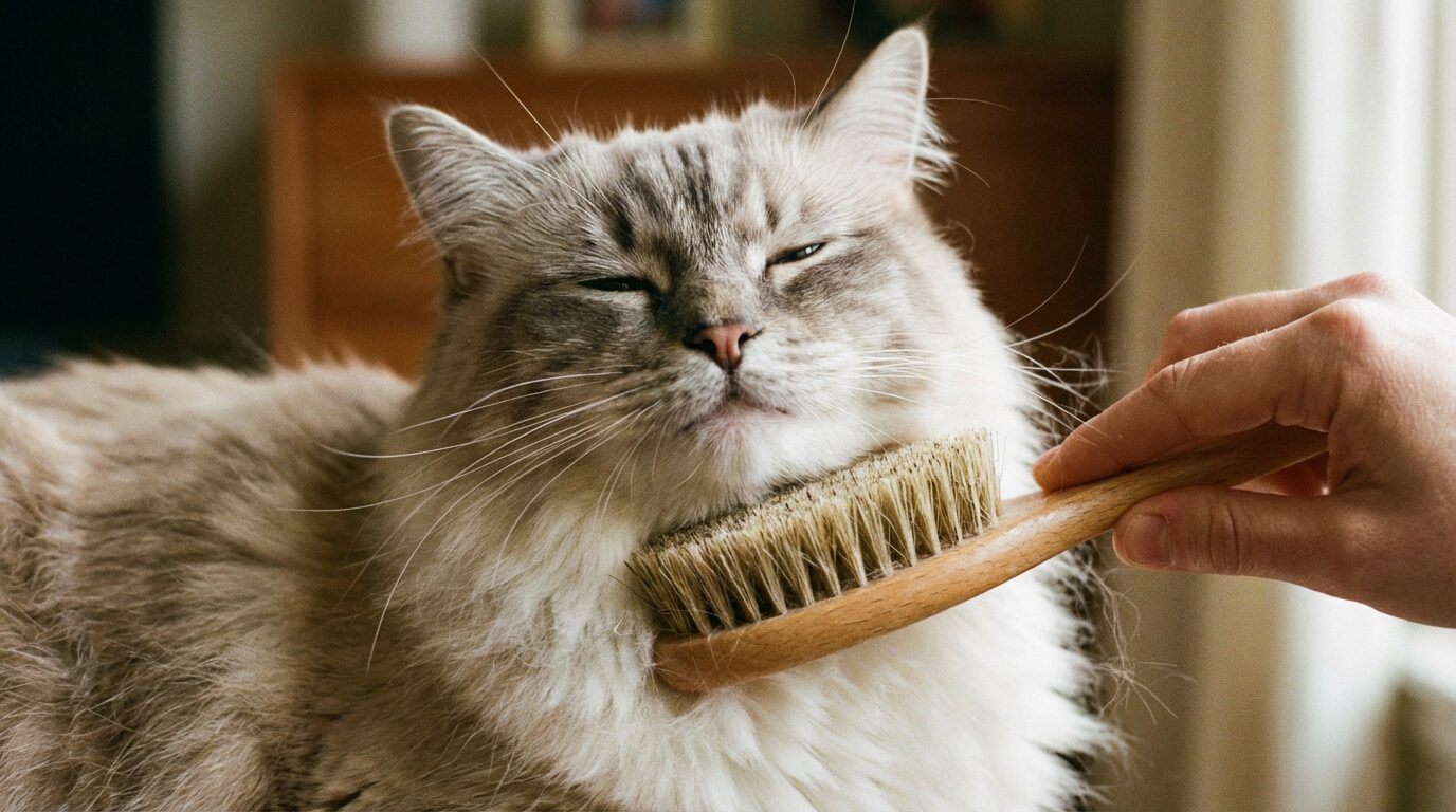 天然毛ブラシでブラッシングされて気持ちよさそうな長毛の猫