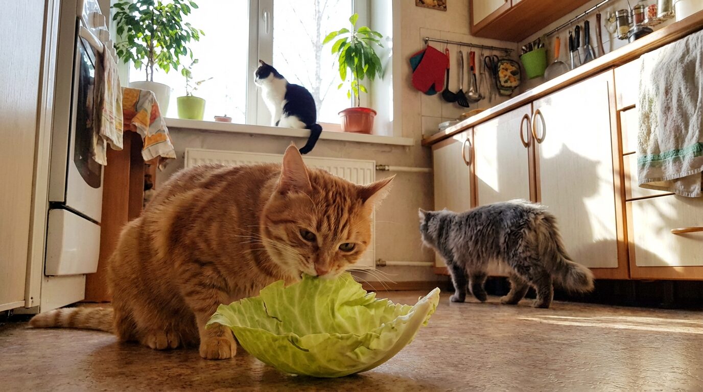 キッチンでキャベツを食べる茶トラ猫と、背後で自由に過ごす他の2匹の猫たち。