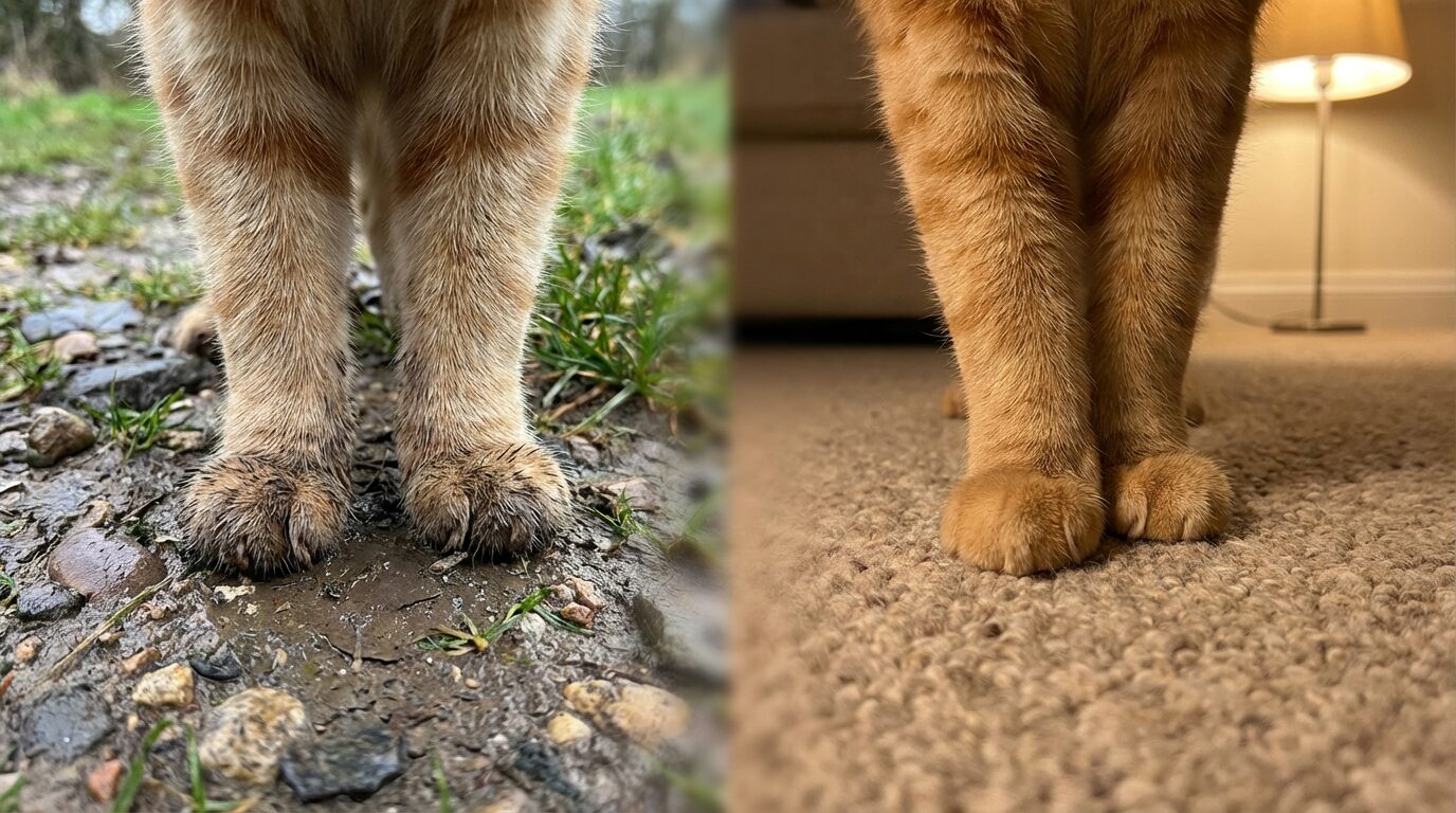 地面（屋外）とカーペット（室内）の上に立つ猫の足元の比較写真
