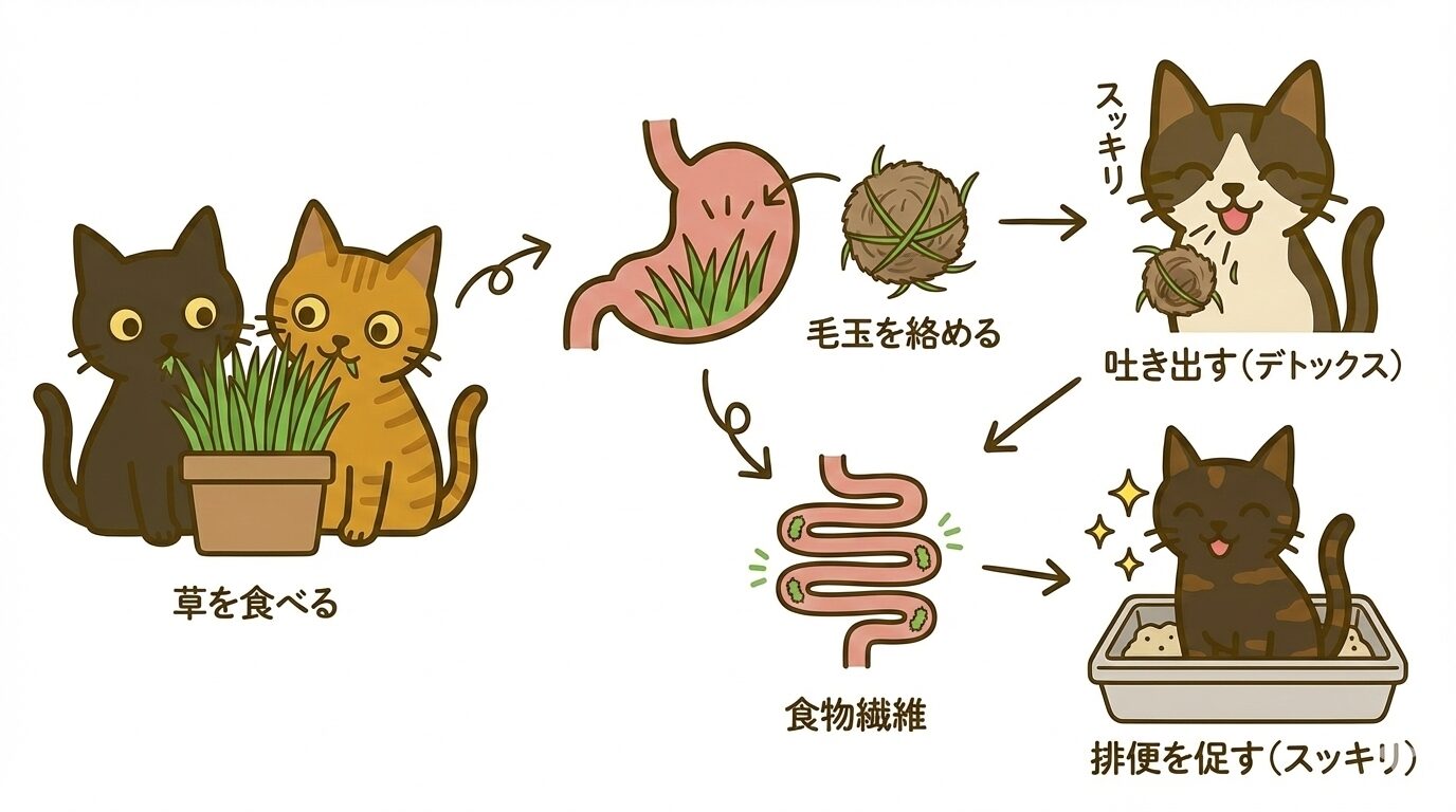 猫草が胃の毛玉を絡め取り、吐き出しや排便で排出する仕組みを解説
