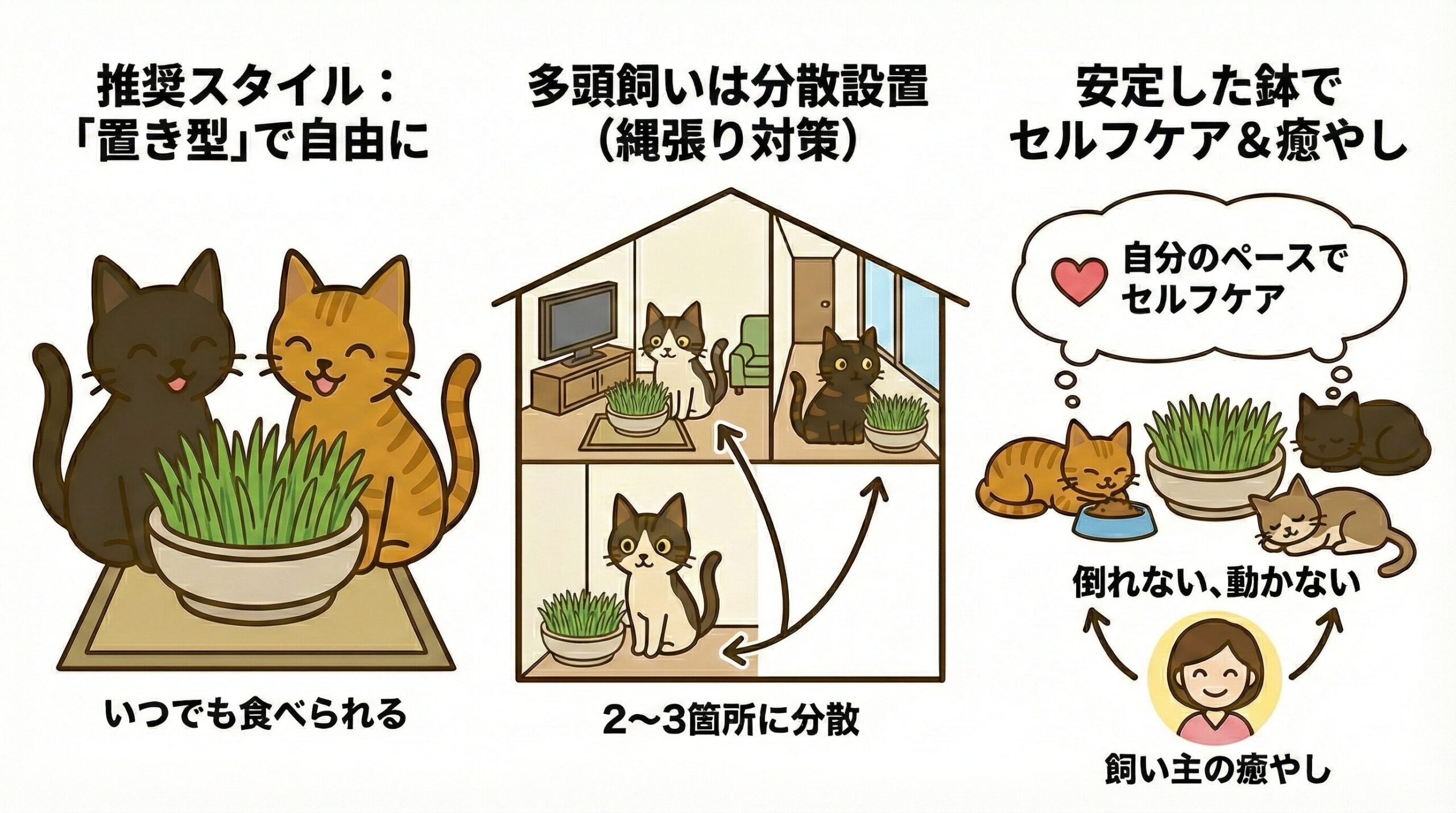 猫が自由に食べられる「置き型」給餌の推奨と、多頭飼いでの分散設置や鉢選びのコツを描いたイラスト