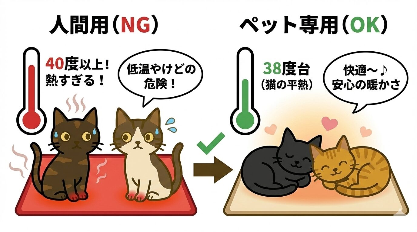猫に人間用カーペット(40度超)は危険。平熱に近い38度台のペット専用品を選ぶべき理由の比較イラスト。