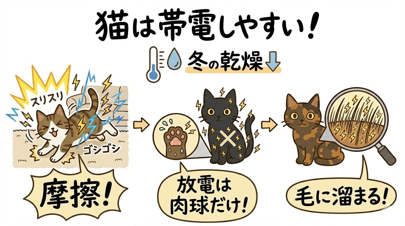 猫が静電気を帯びやすい理由（摩擦、放電の苦手さ、被毛の性質）を解説した図解