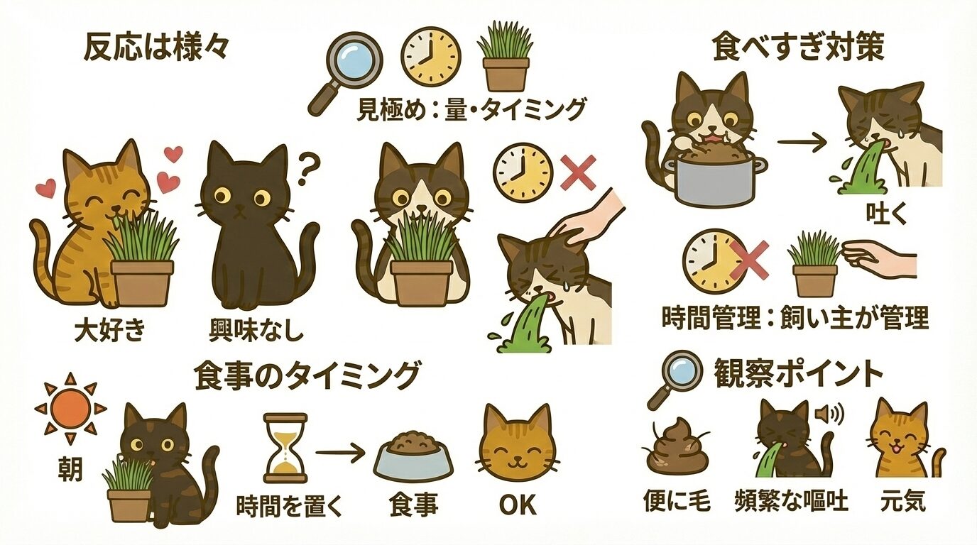 猫草の食べ過ぎによる嘔吐リスクや個体差、飼い主による管理と観察ポイントをまとめた解説図