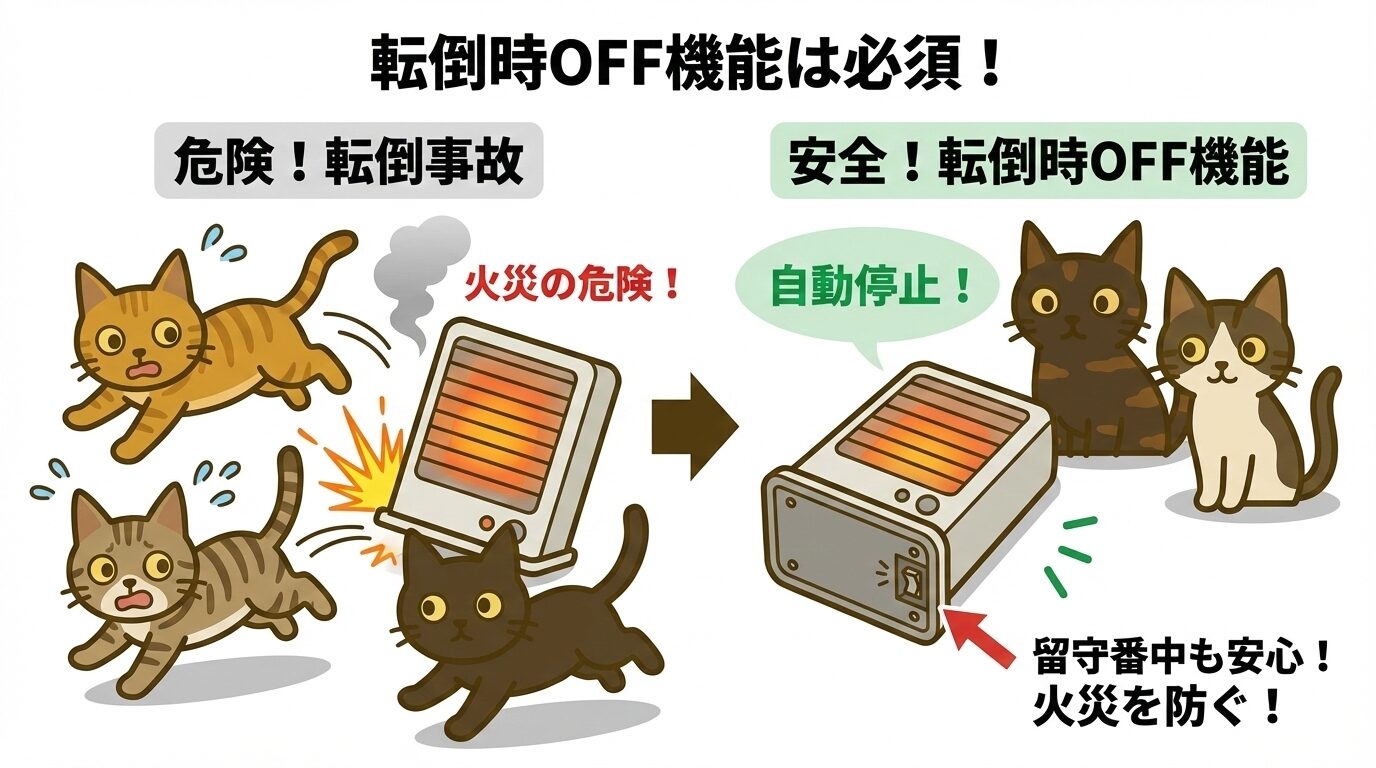 猫の留守番安全対策。ヒーター転倒時の火災リスクと自動停止機能の重要性比較イラスト。