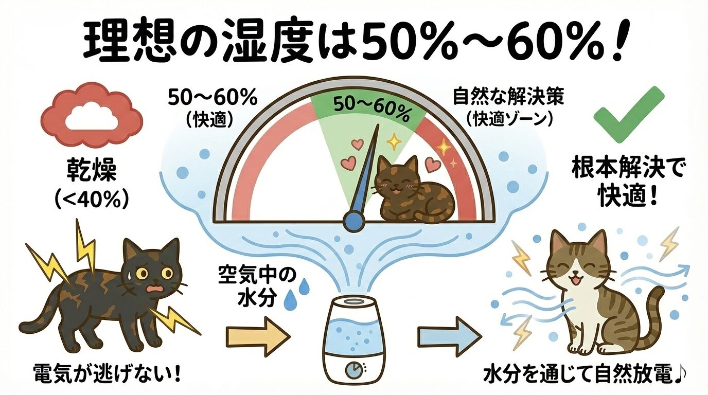 猫の静電気対策に最適な湿度50〜60％と、加湿による自然放電の仕組みを示す図解