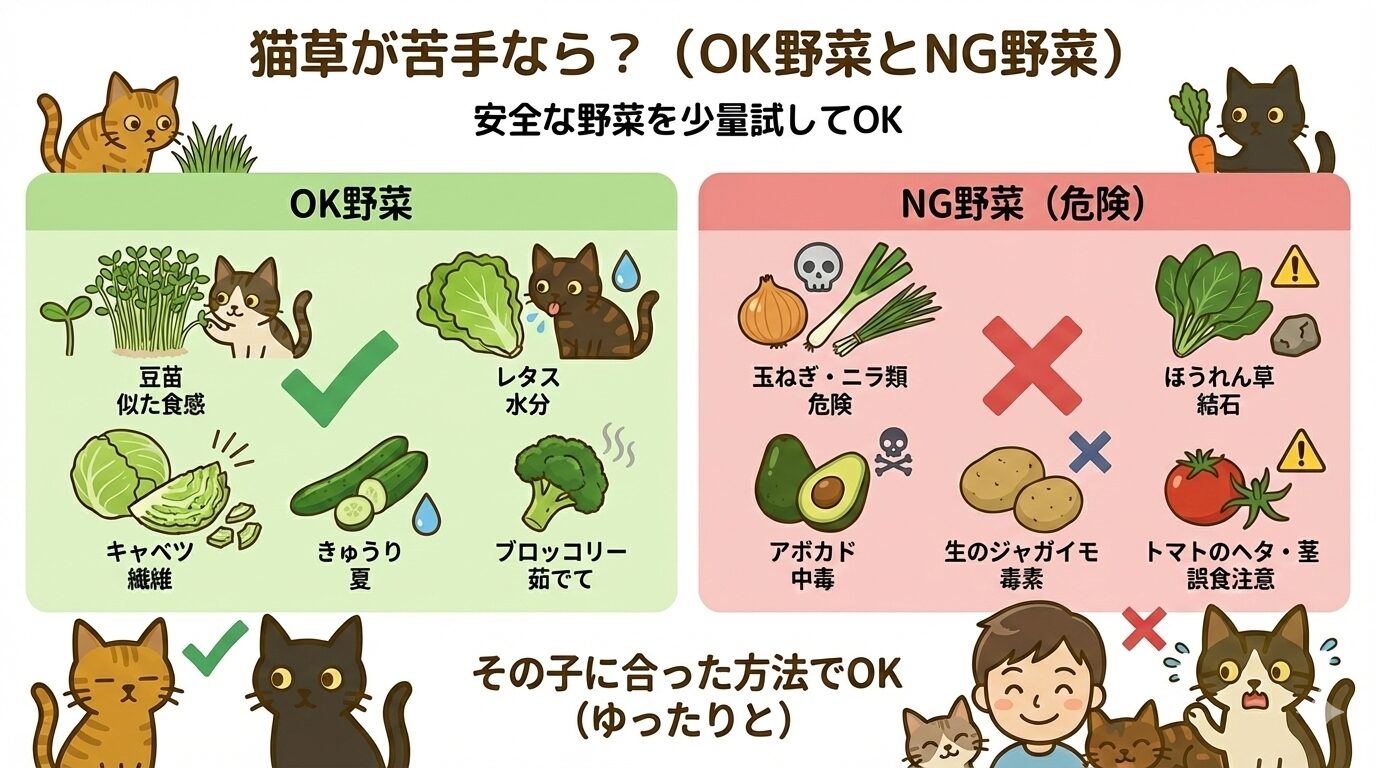 猫草の代わりになる安全な野菜と、与えてはいけない危険な野菜の比較一覧図