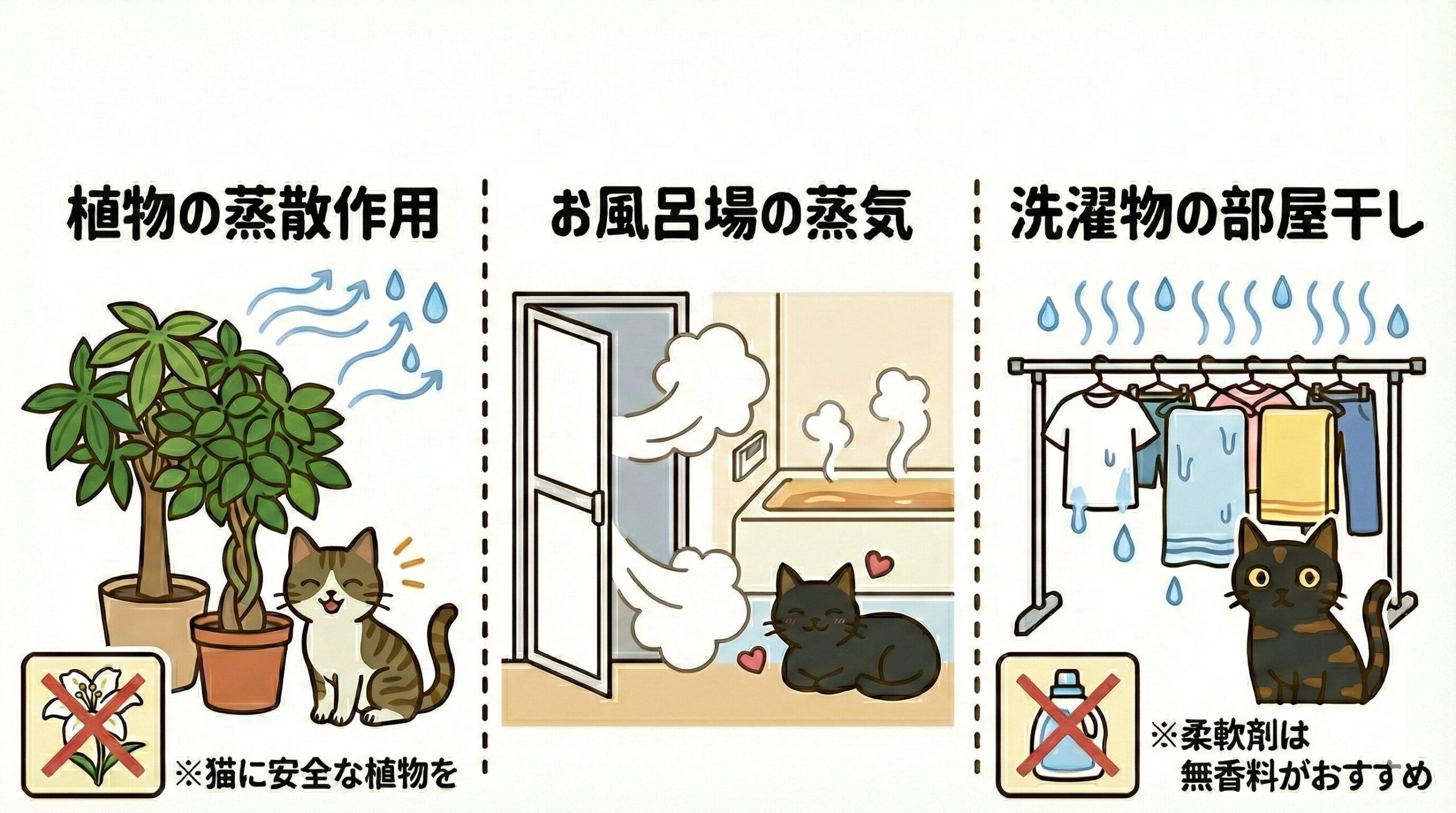 加湿器なしで湿度を保つ３つの方法（植物、入浴後の蒸気、部屋干し）と猫への注意点を