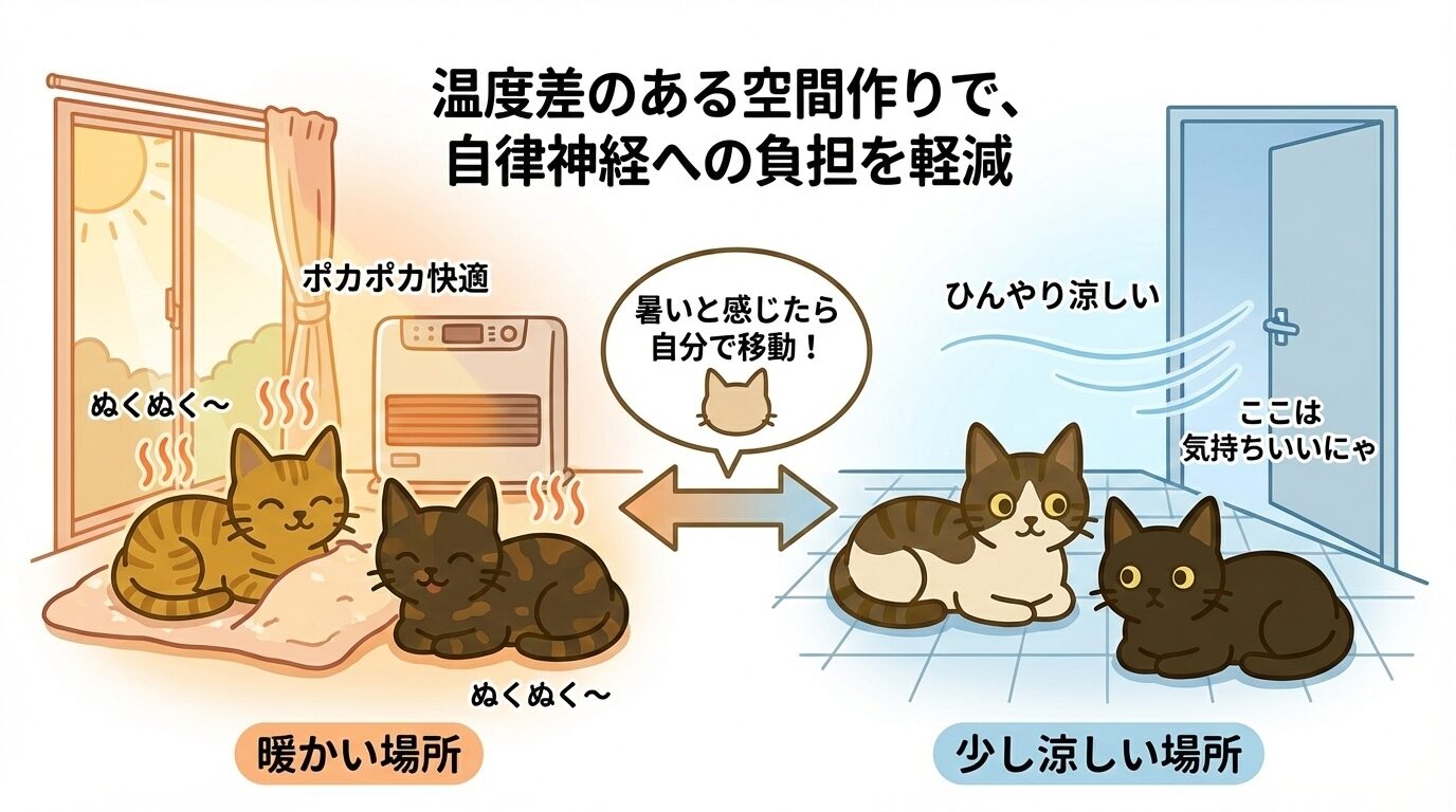 猫が快適な場所を選べる環境。暖かい場所と涼しい場所を作る温度差のある空間作りの図解。