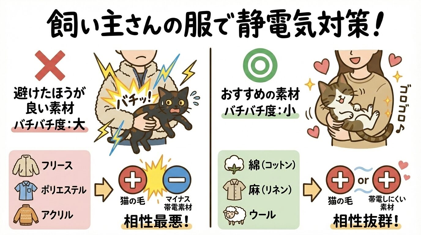 飼い主の服の素材による静電気の違い。猫と相性の悪いフリースと良い綿やウールの比較図解