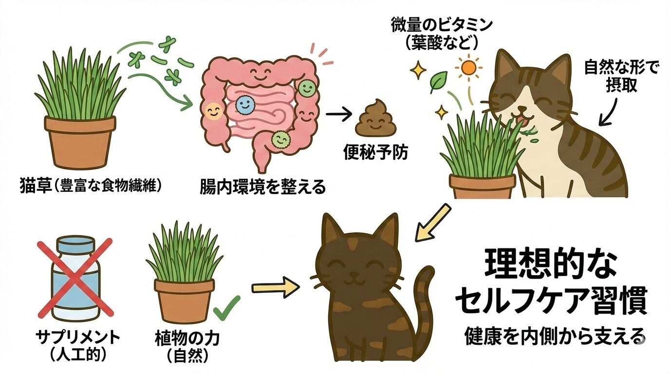 猫草の食物繊維による整腸作用や便秘予防、自然なビタミン補給のメリットを解説したイラスト