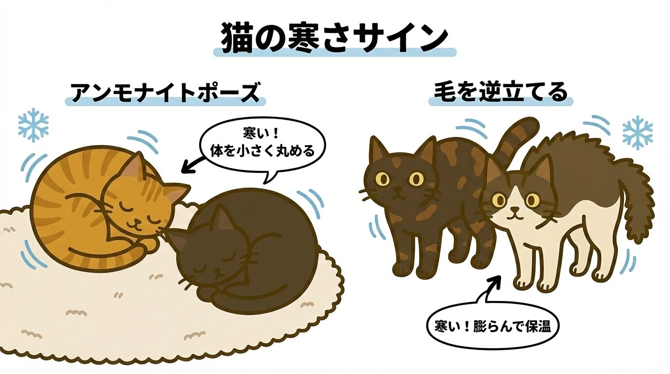 猫の寒さサイン。体を丸めるアンモナイトポーズや毛を逆立てて体温を保つ様子のイラスト解説。