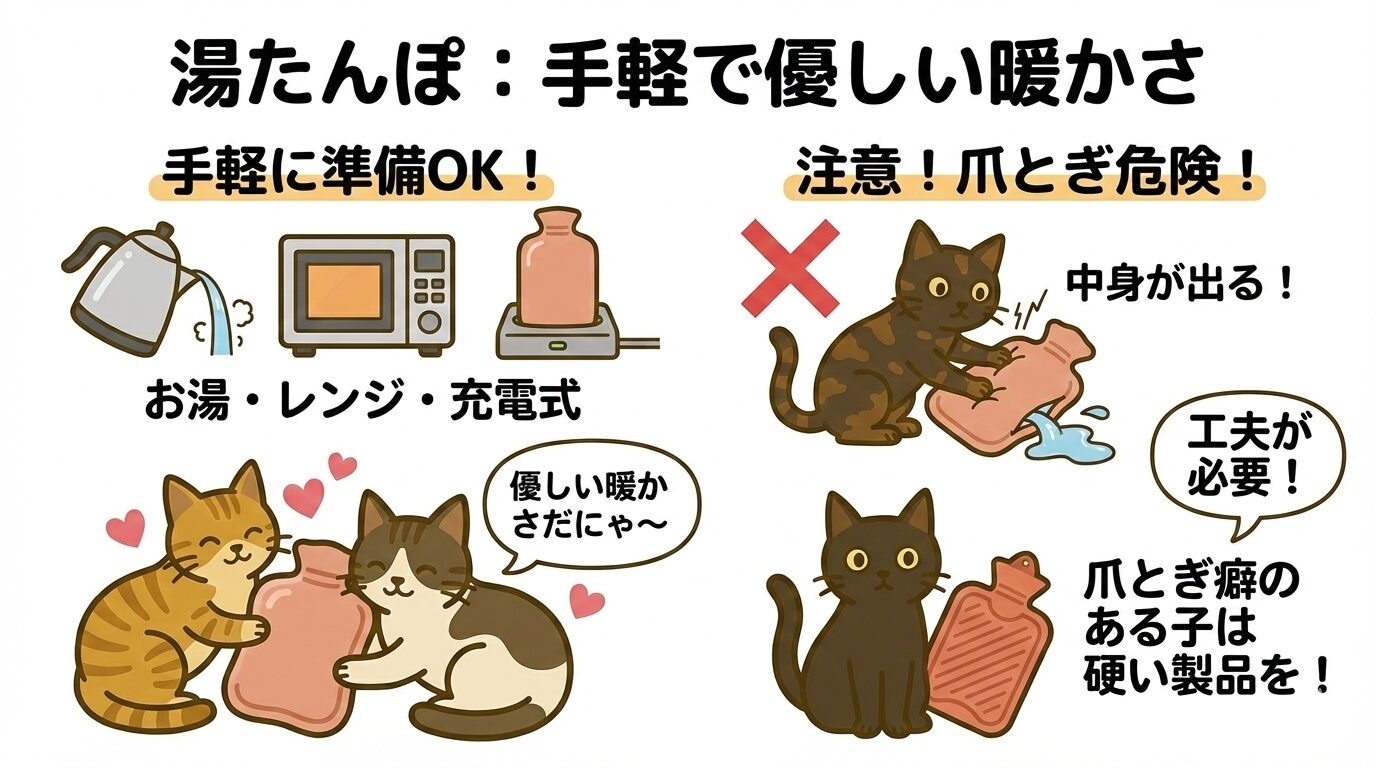 猫用湯たんぽのイラスト。手軽で優しい暖かさの一方、爪とぎで破損し中身が出る危険性の注意喚起。