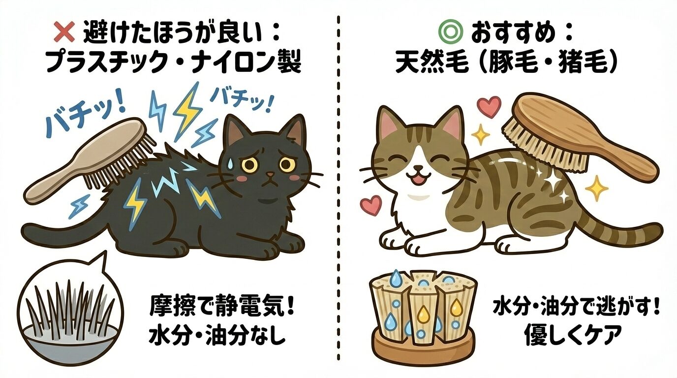 静電気対策としてプラスチック製を避け、水分と油分を含む天然毛ブラシを推奨する比較図解