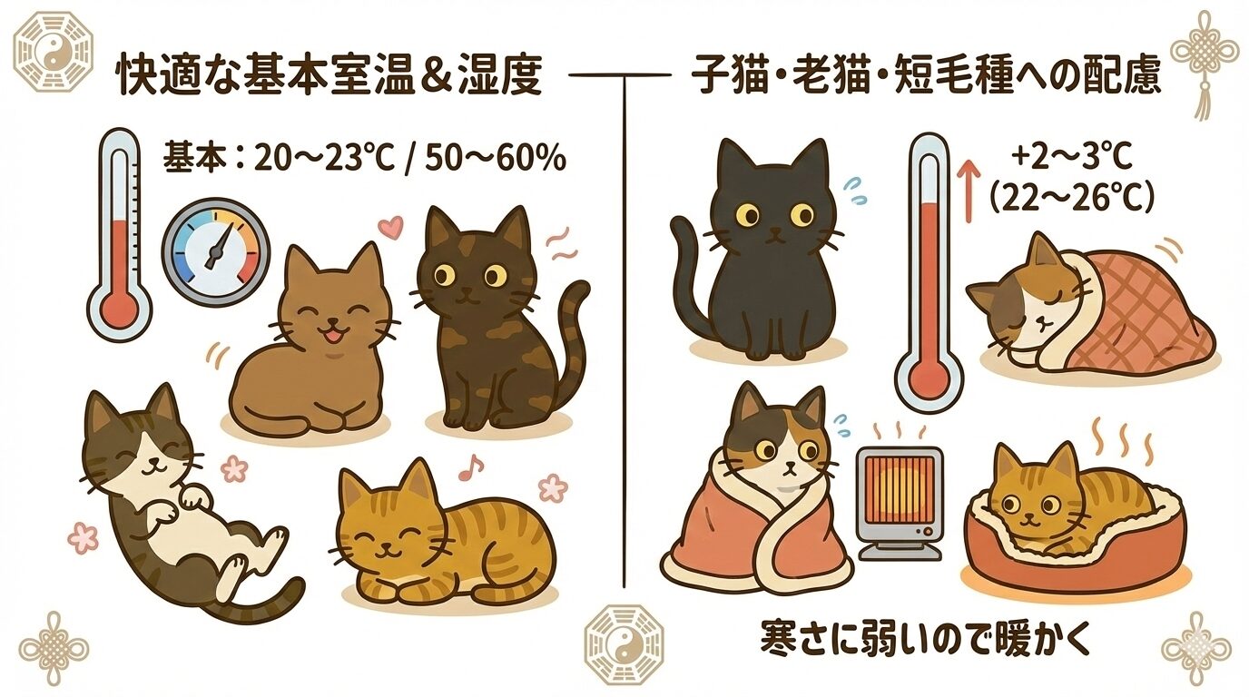 猫の冬の適温は20〜23度。子猫や老猫は高めに設定する温度管理のイラスト解説
