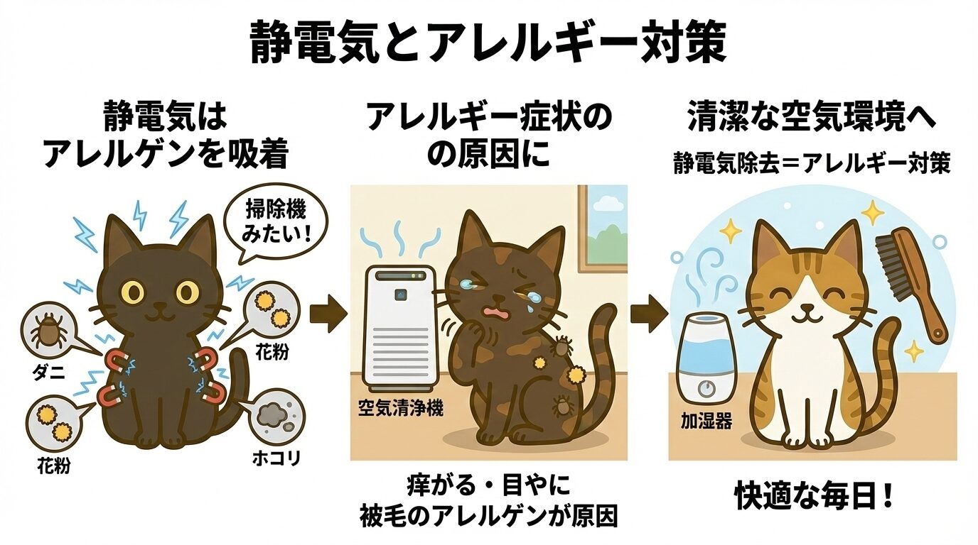 猫の静電気によるアレルゲン吸着とアレルギー症状、加湿器での対策効果を示した図解