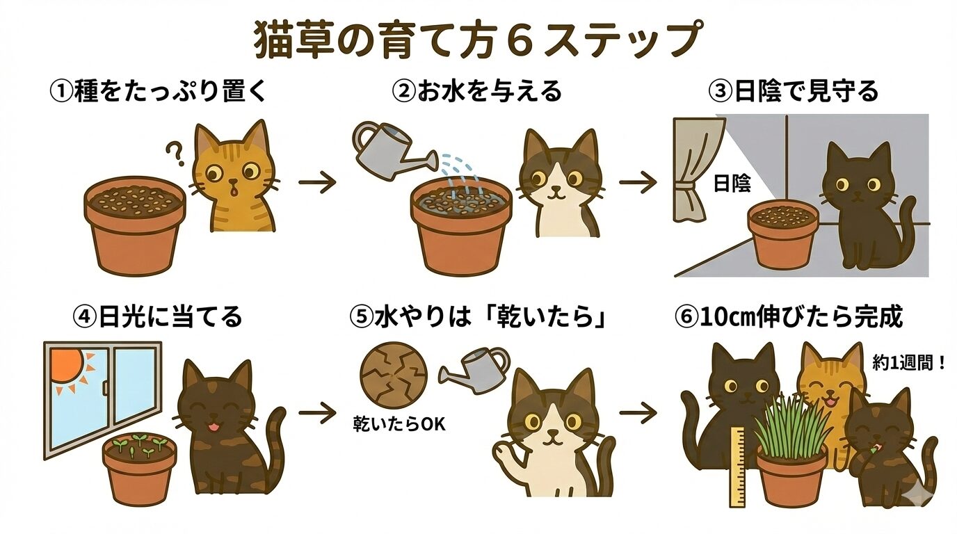 猫草の種まきから収穫までの手順を6段階で解説した初心者向けイラスト