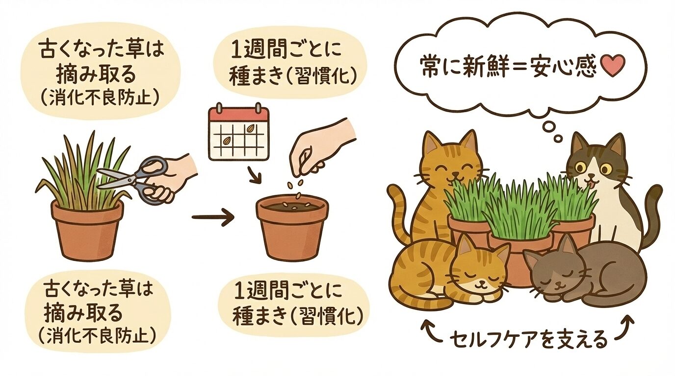 古くなった草の摘み取りと週1回の種まき習慣で、新鮮な猫草環境と猫の安心感を作る