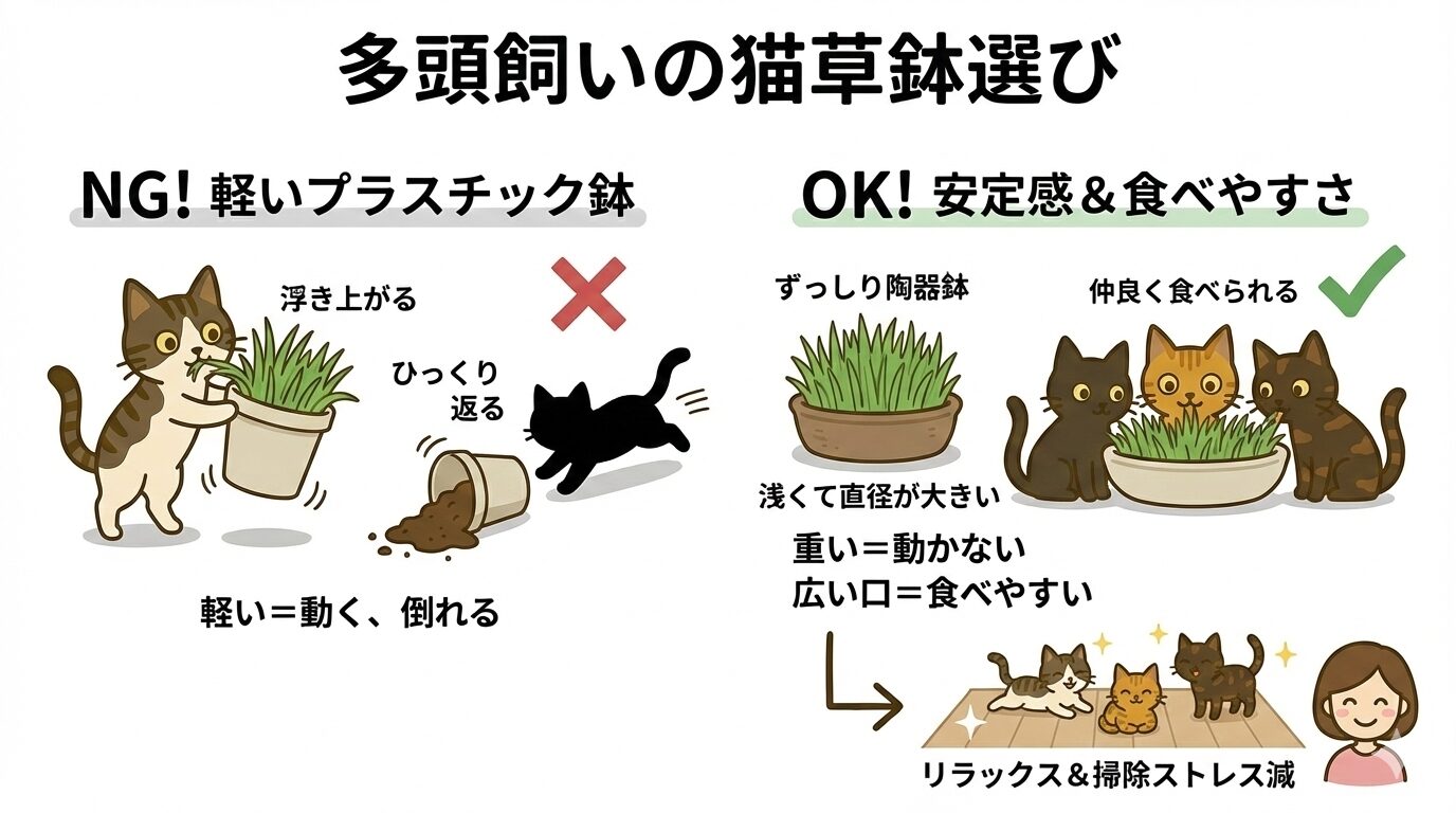多頭飼い用の猫草鉢の選び方。軽いプラ鉢はNG、重くて広い陶器鉢が安定しておすすめな理由の比較図