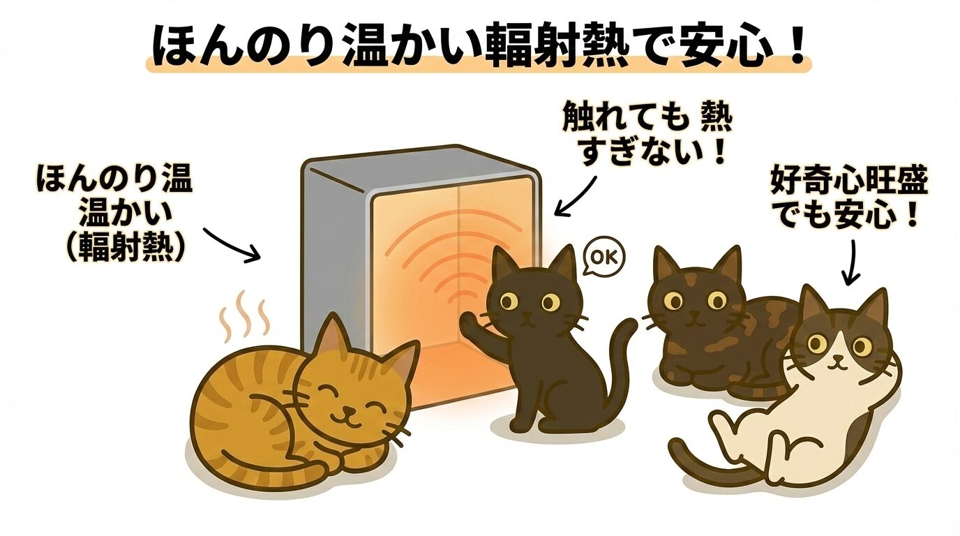 猫が触れても安全なパネルヒーター。輻射熱でほんのり温かく、火傷しにくい特徴のイラスト。