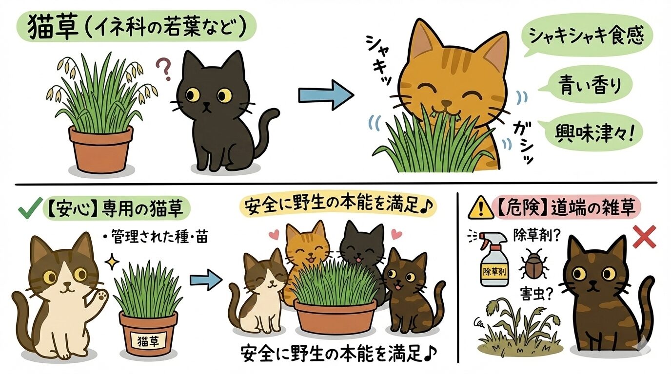 猫草の特徴と、専用栽培品と道端の雑草の安全性の違いを比較した図説