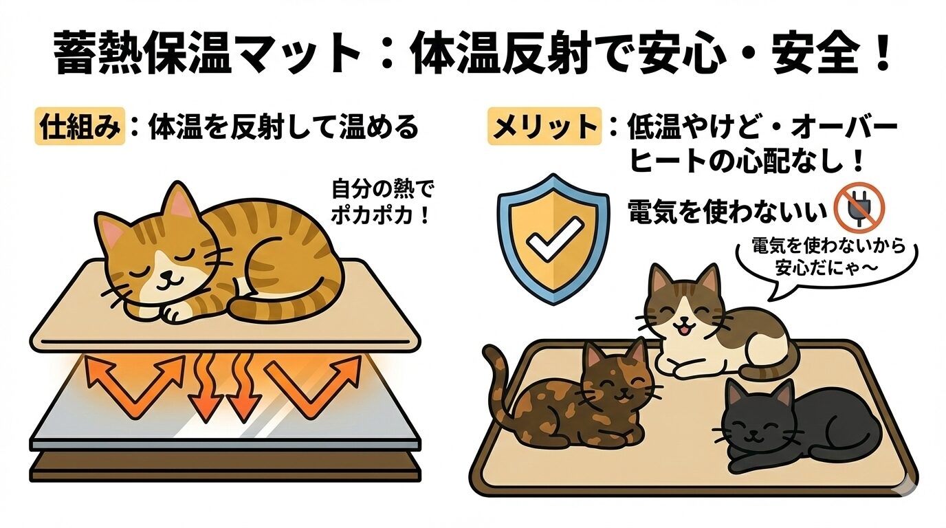 体温を反射して温まる蓄熱保温マットのイラスト。電気を使わず、低温やけどやオーバーヒートの心配がない安全な仕組みを図解。