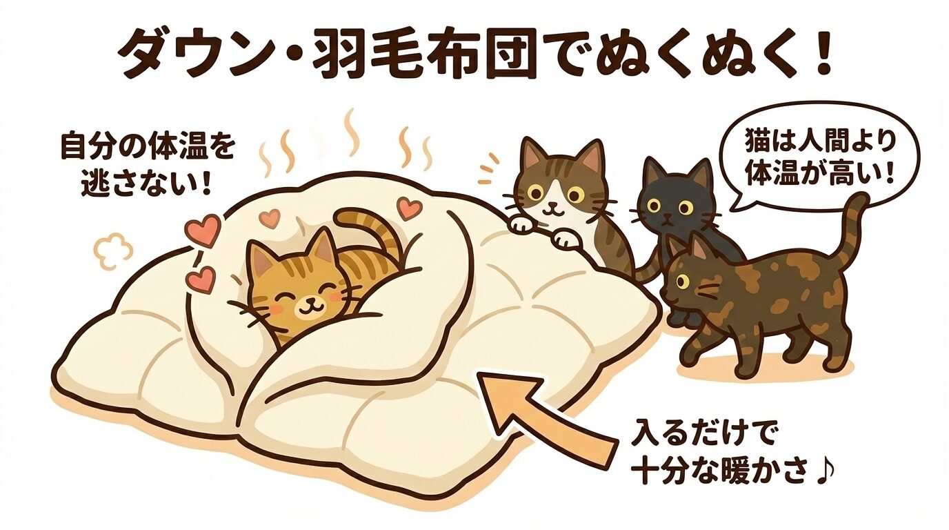 猫がダウン・羽毛布団に入って暖まっているイラスト。電気代ゼロで自分の体温を逃さない。