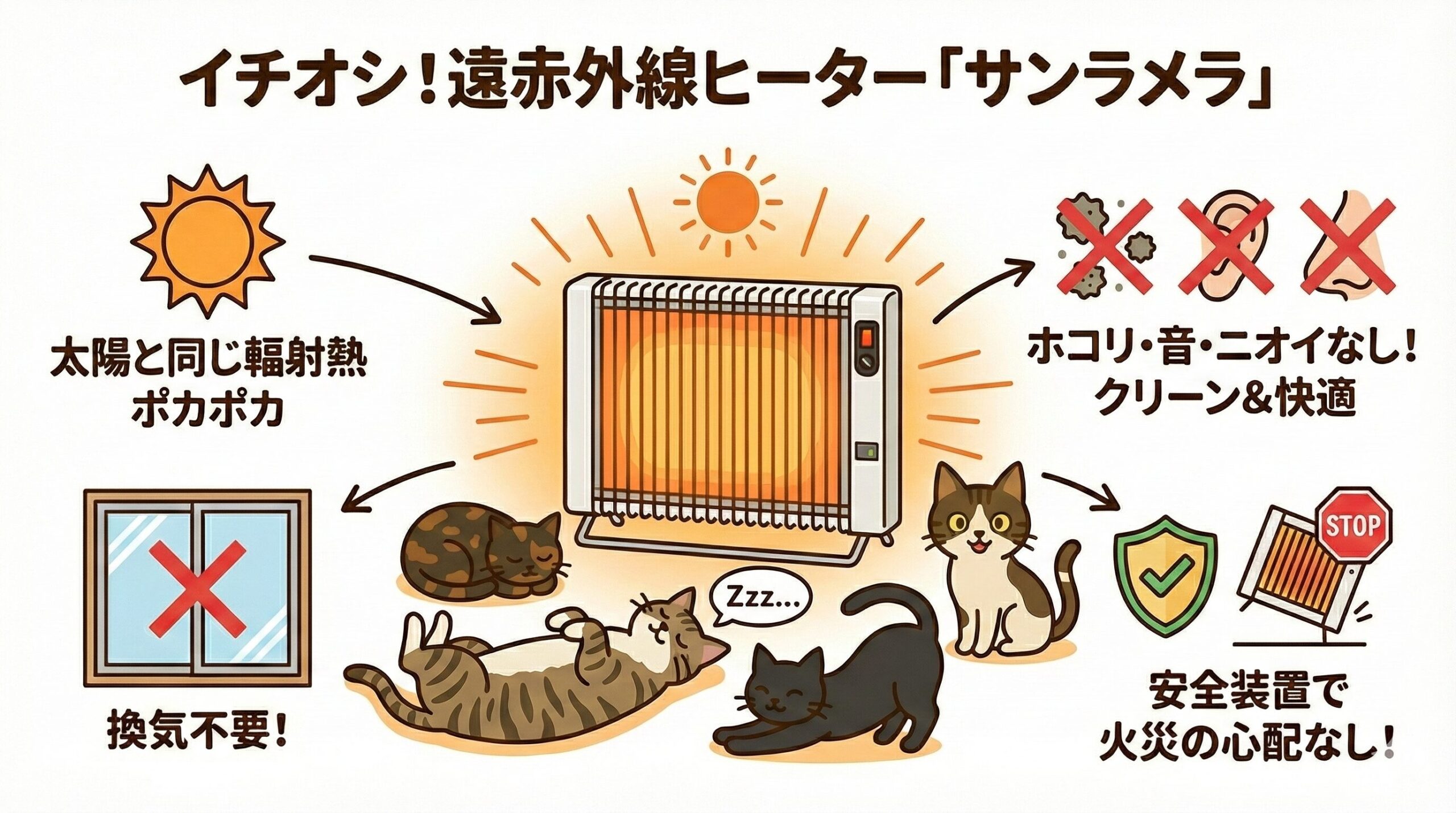 体の芯から温まる遠赤外線ヒーター。老猫や短毛種に最適だが火傷対策が必要な点の解説イラスト。