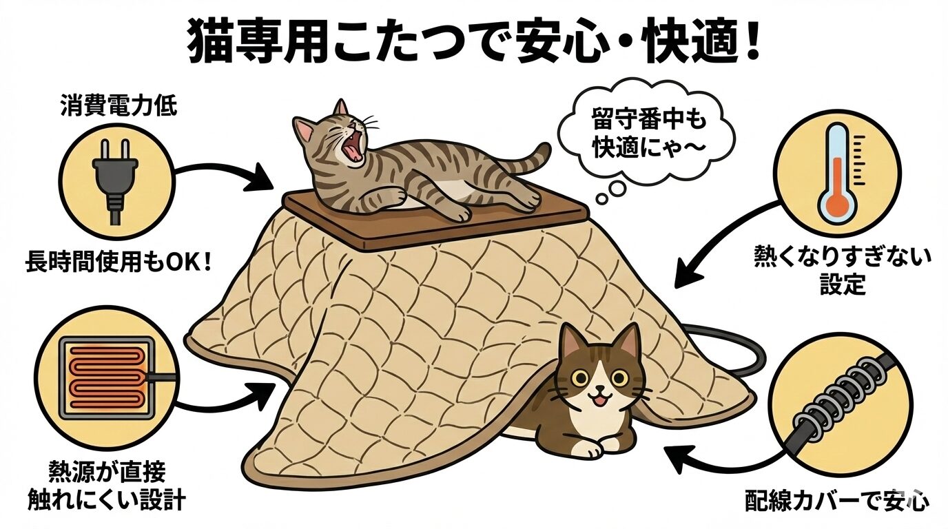 猫専用こたつのイラスト。留守番中も安心な省エネ設計、熱源保護、配線カバーの特徴を図解。