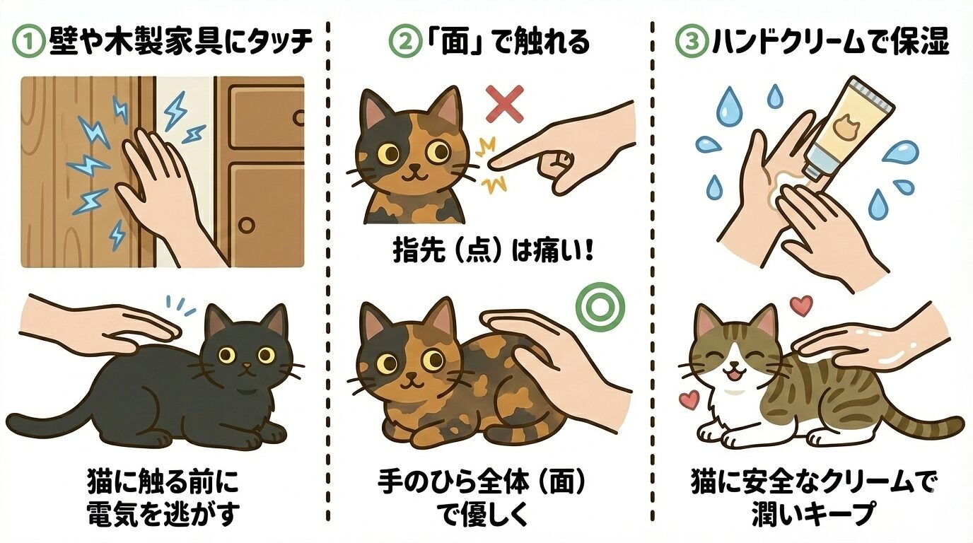 猫に触れる前の飼い主の静電気放電テクニック3選（壁タッチ、面で触れる、保湿）の図解イラスト。