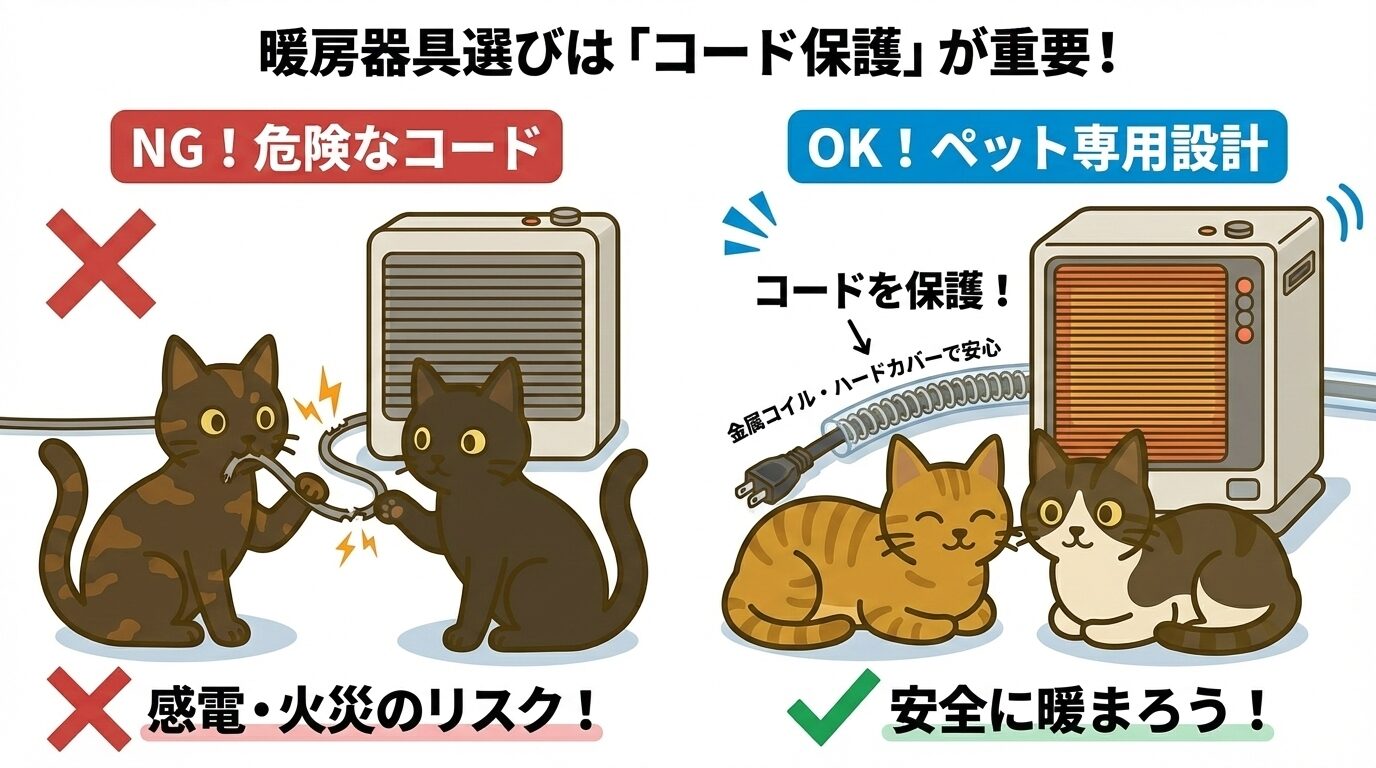 猫の感電防止。コードを噛む危険性と保護カバー付き暖房器具の安全性の比較イラスト。