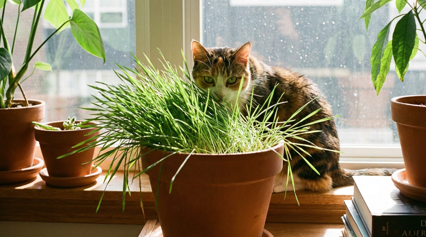 窓辺の鉢植えに茂る猫草の後ろから、興味深そうに顔を覗かせる三毛猫の様子。
