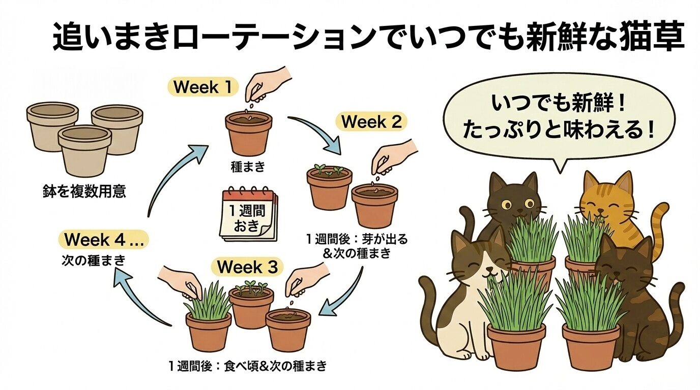 猫草を途切れさせない追いまきローテーションと栽培サイクルの図解