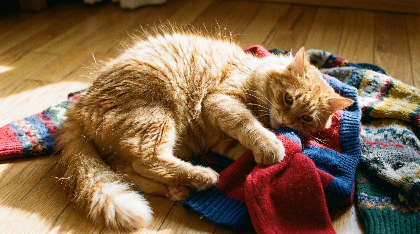 セーターに絡まり静電気で毛が逆立っている茶トラの猫