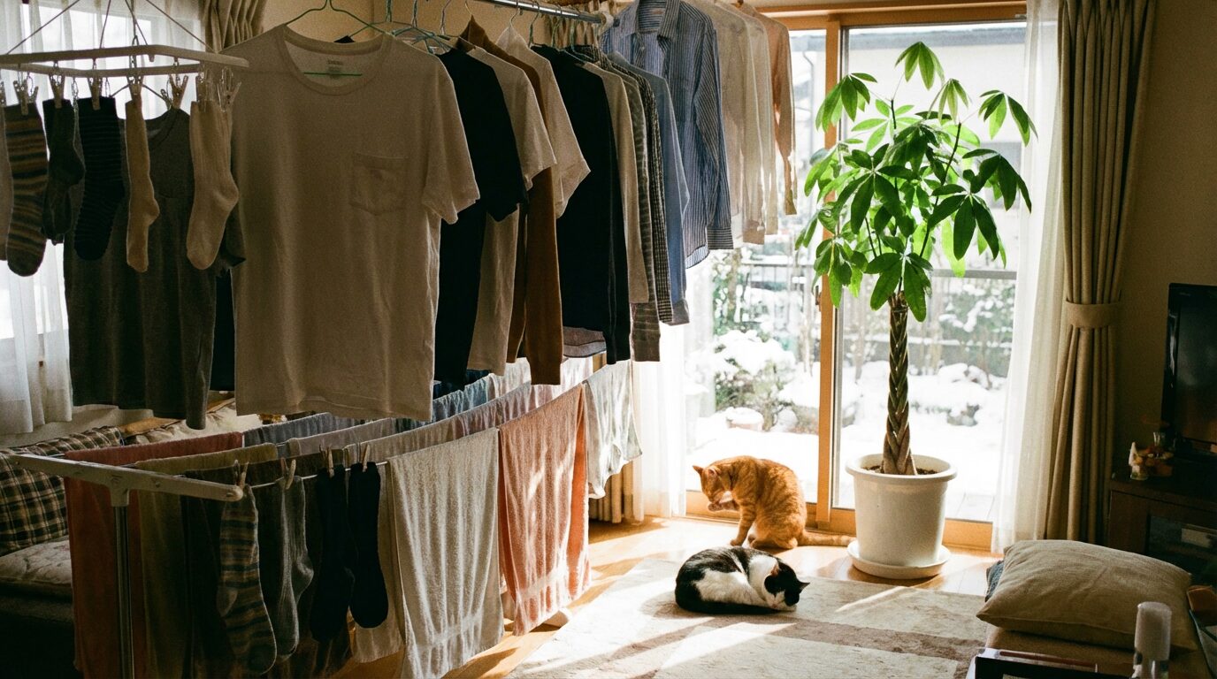 猫の静電気対策：洗濯物の部屋干しで自然加湿