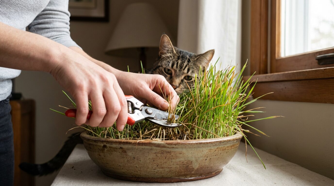 剪定ハサミで大きな鉢の猫草を手入れする手元。奥からキジトラ猫が興味深そうに見守る。