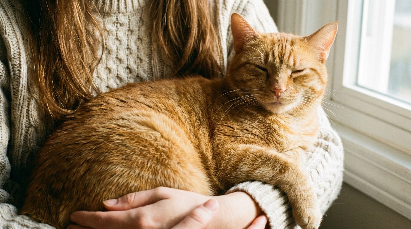 セーターを着た飼い主に抱かれてリラックスする茶トラの猫