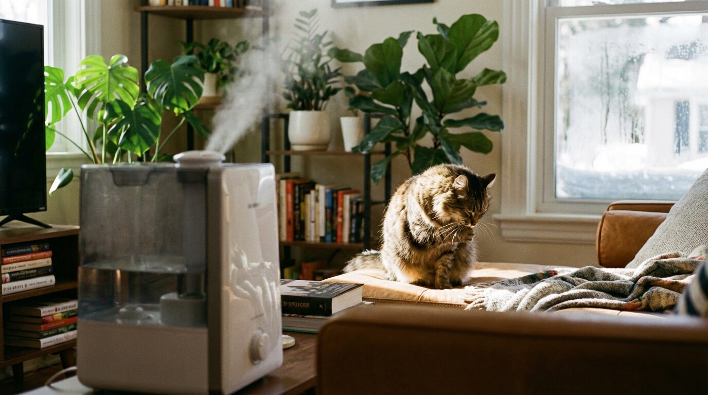 手前で稼働する加湿器と、奥のソファで毛づくろいをする猫