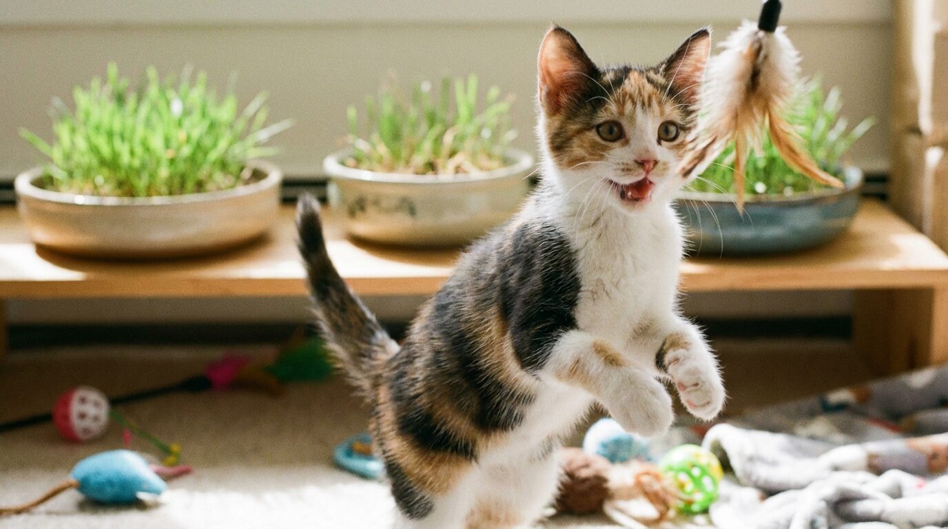 室内で遊ぶ子猫。背景には猫草の鉢が並び、健康的な生活習慣が定着している様子。