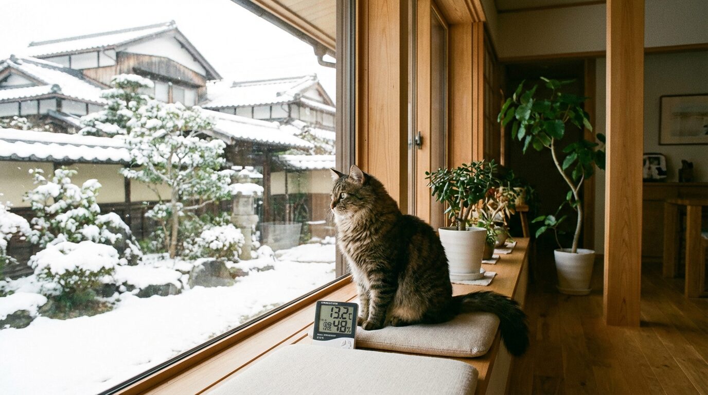 雪景色が見える窓辺に座る猫と、室温13.2度を表示しているデジタル温湿度計
