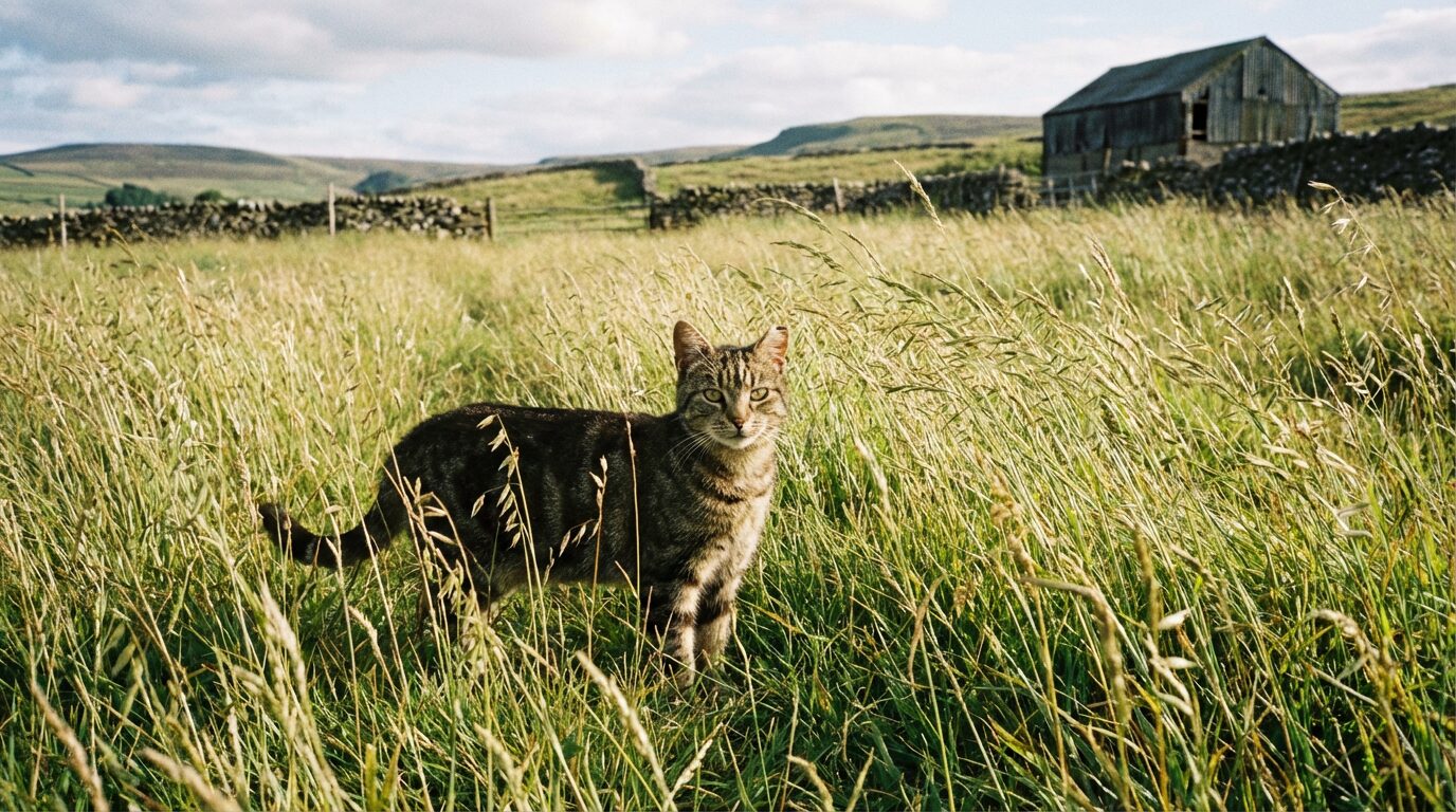 草原の中で佇むキジトラ猫。猫草がもたらす精神的なリフレッシュ効果を表現。