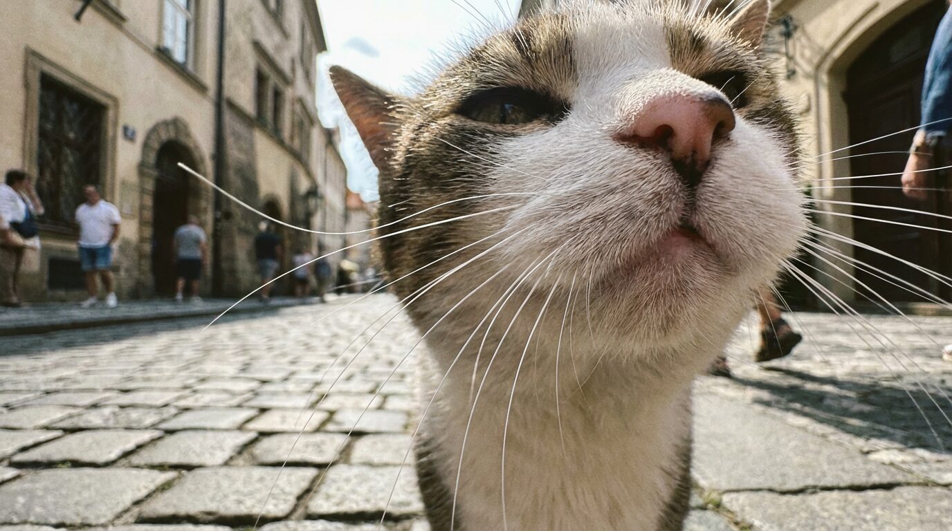 海外の石畳の通りで撮影された、長い白いヒゲが特徴的な猫の顔のクローズアップ。