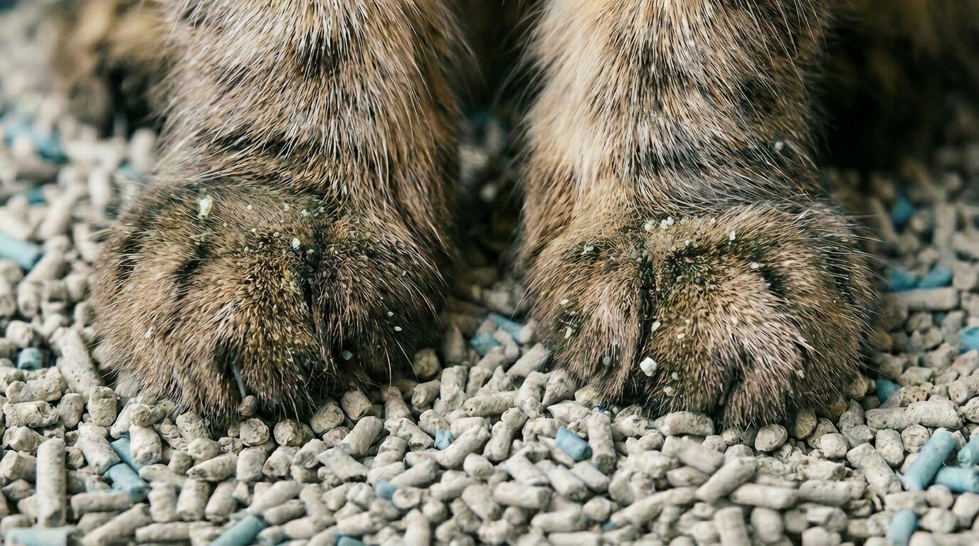 猫砂の上に立つ猫の足元のアップ。粒の大きさや質感が伝わるトイレ砂の画像