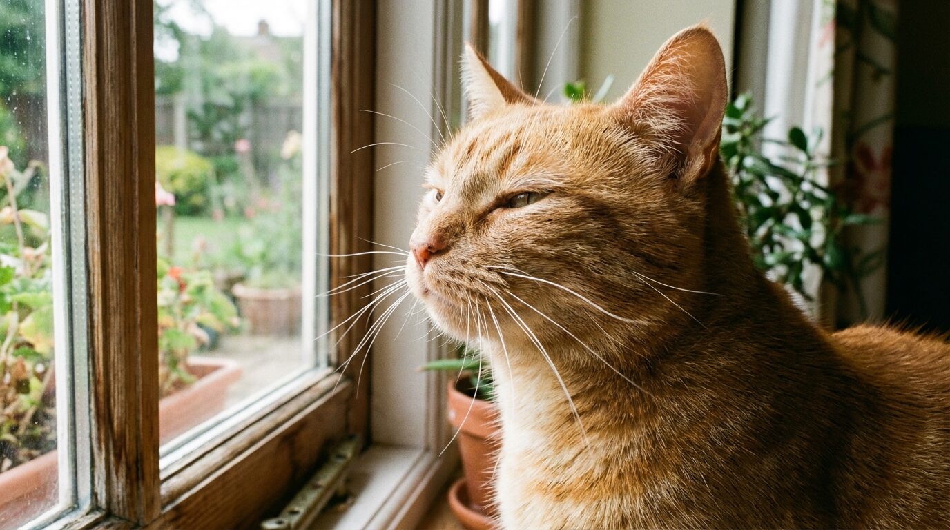窓辺で風を感じているような茶トラ猫の横顔。長く美しい白いひげが光に照らされている。