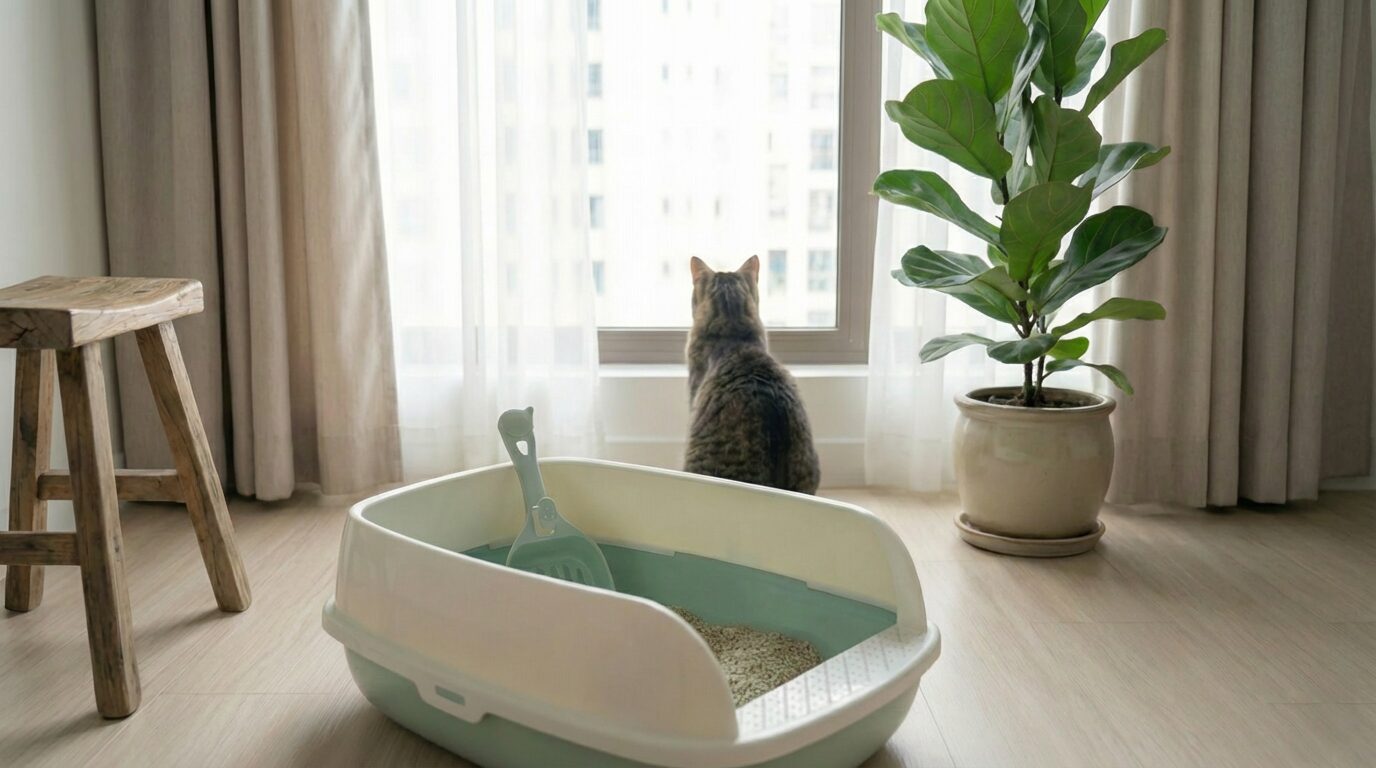 リビングに置かれた猫用トイレと窓の外を眺める猫。トイレ環境と猫の行動観察のイメージ